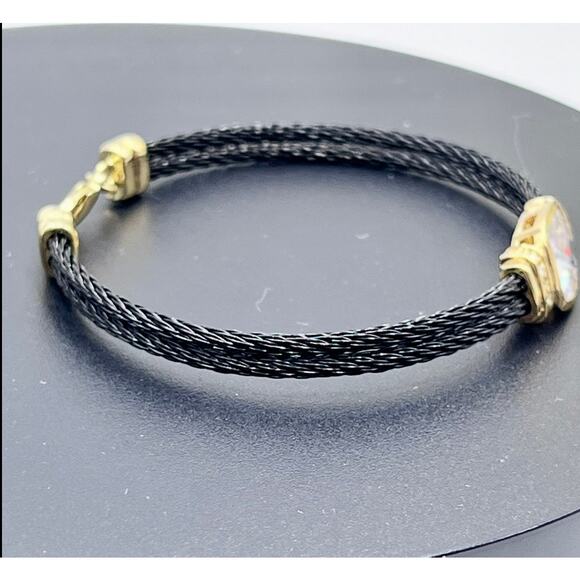 Black Stainless Steel Twisted Cable Bangle Sparkling Faceted  Cushion Cut CZ - Picture 4 of 8